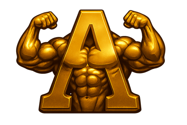 A strong Muscular letter A with a yellow gold tint and a translucent png background 